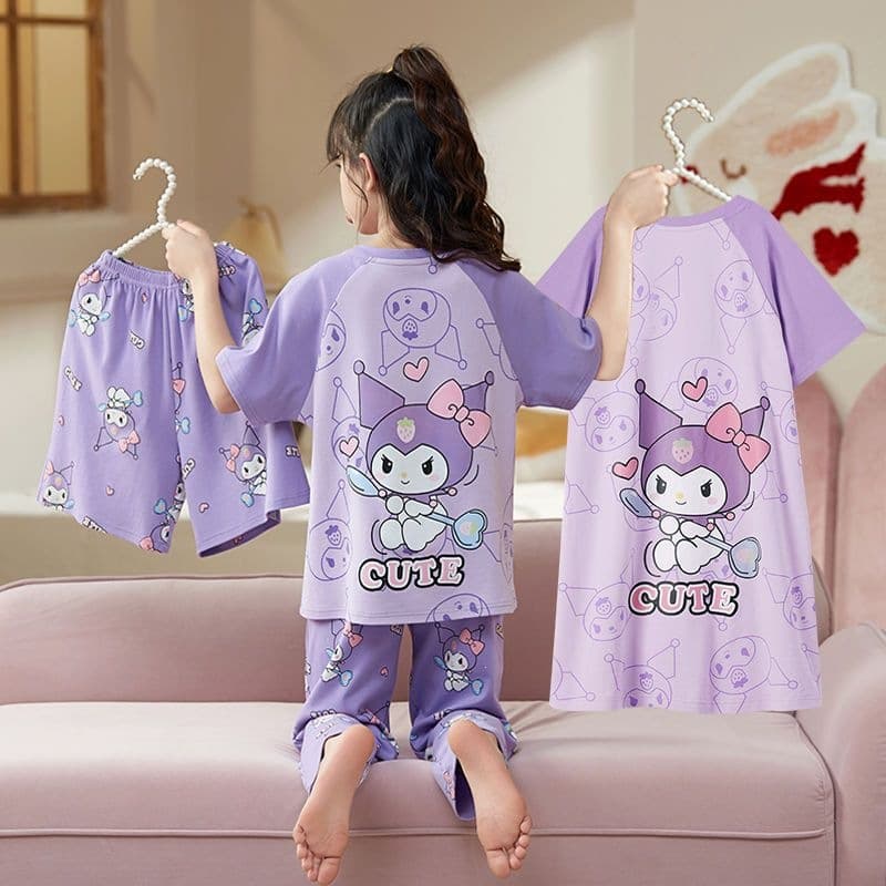 Summer new thin girls' pajamas, princess style short-sleeved nightgown, medium and large children's summer air-conditioned home clothes four-piece set