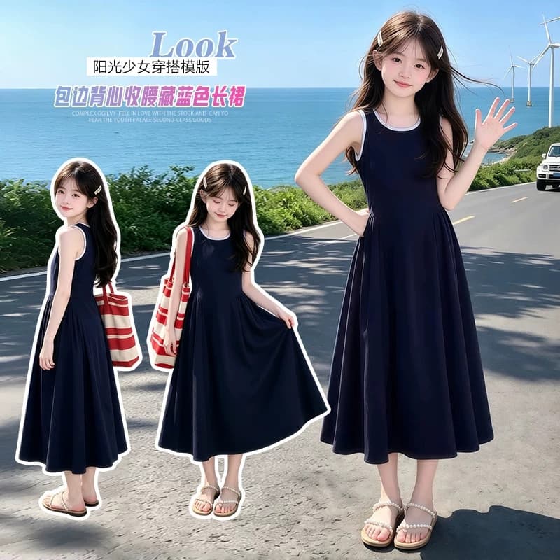 Summer tank top new style medium and large children's casual sleeveless knee-length skirt summer waist slim navy blue dress