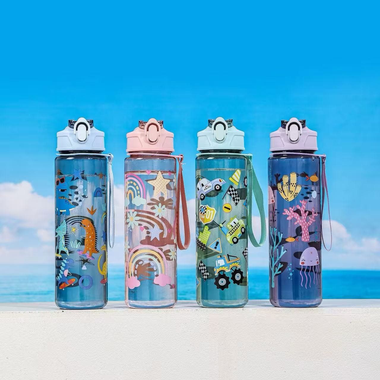 2025 New Cross-Border Large Capacity Plastic Cup with Cute Cartoon Pattern, Portable with Strap and Straw Space Cup