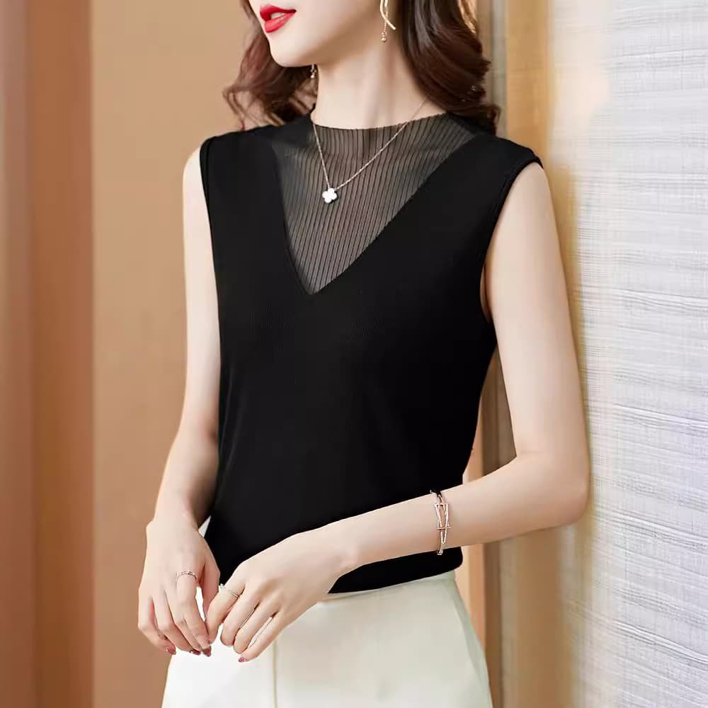 Elegant Mesh Mock High Collar Vest with Sling Women's Outer Wear Loose Modal Vest Suit Inner Top