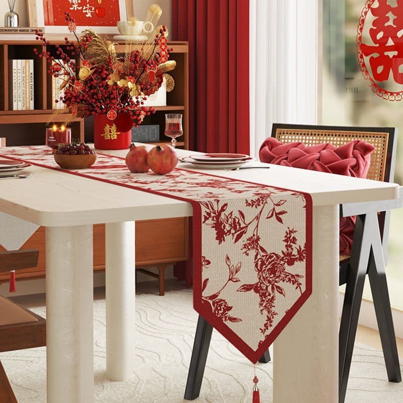 Wedding Festive Table Runner Tablecloth for Dining Table Atmosphere Tea Mat Cloth 2024 Red Double Happiness Coffee Table Cloth for Wedding Room