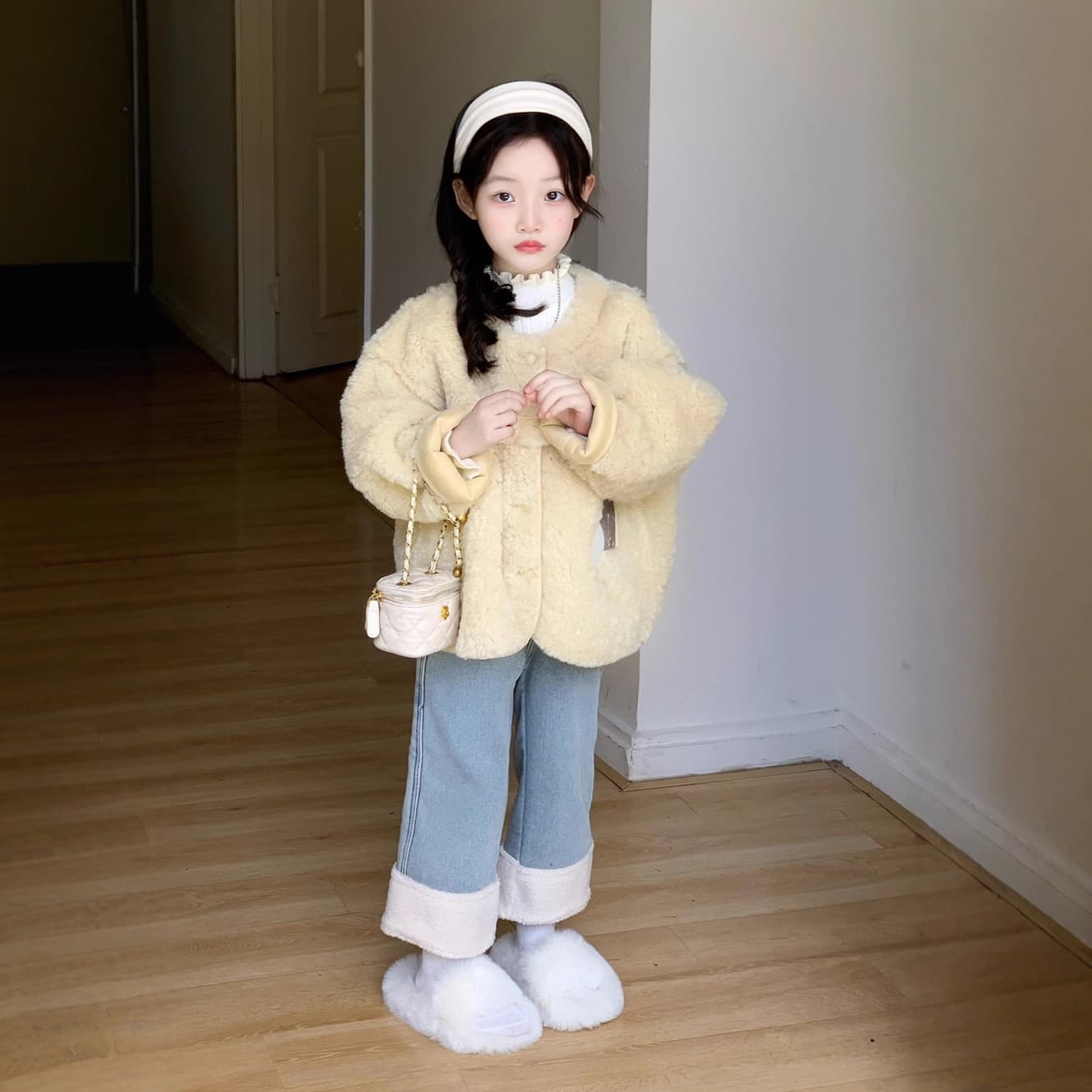 2025 Winter New Girls' Fashionable Faux Fur Coat + High-Neck Sweater + Cuffed Plush Fleece-Lined Jeans