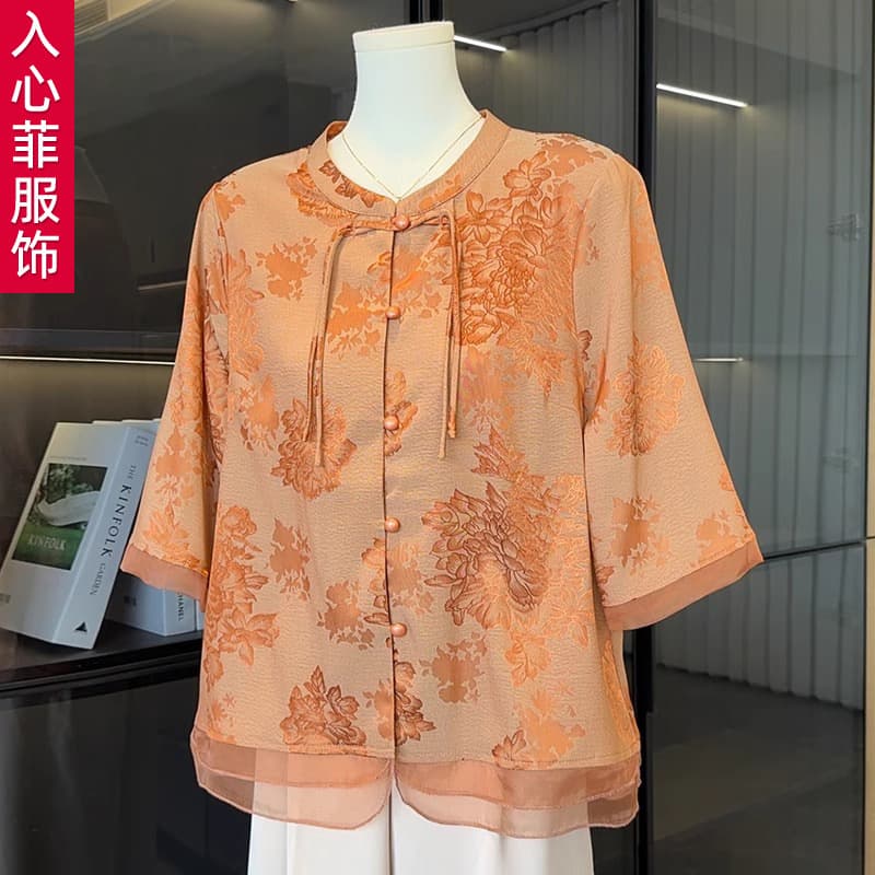 Chinese style women's mid-sleeve blouse, 2025 summer new style, elegant chiffon shirt for middle-aged and elderly women.