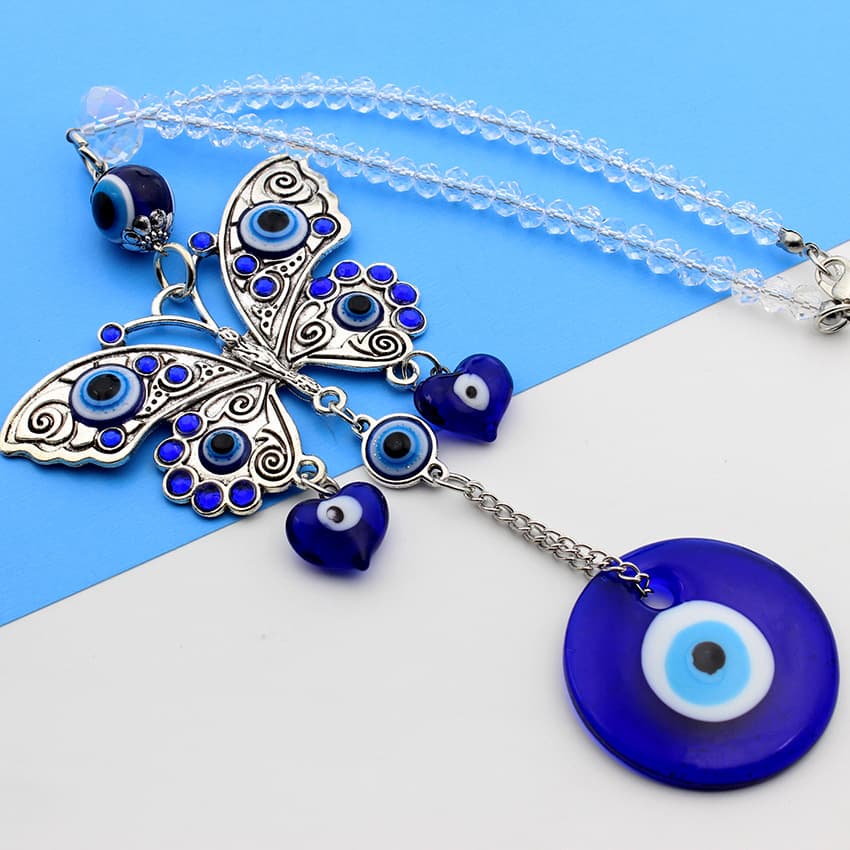Long white crystal beaded Turkish blue eye butterfly car pendant wall hanging
