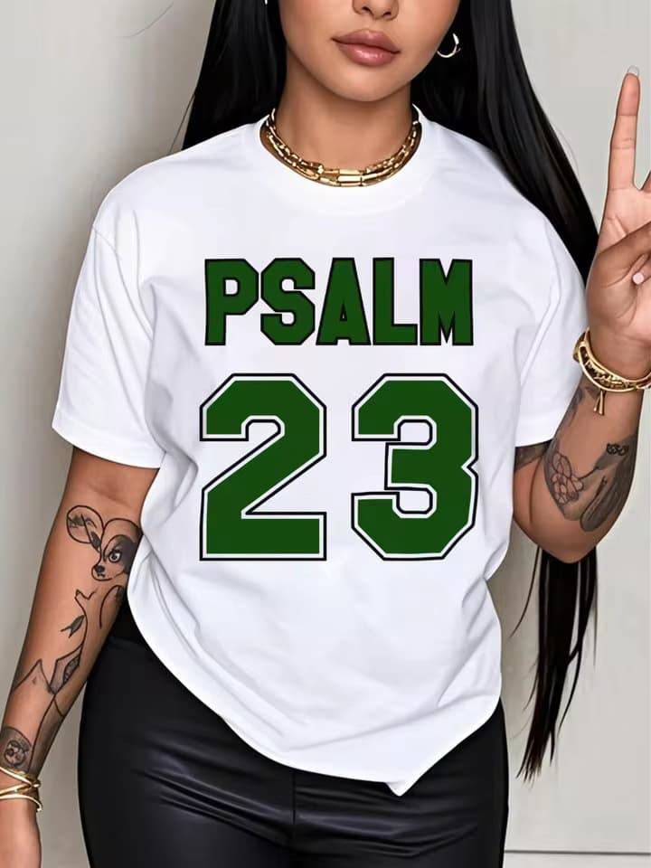 Psalm 23 Jersey Premium Summer Casual Short Sleeve Crew Neck with Bold Green Lettering Women's T-Shirt Top