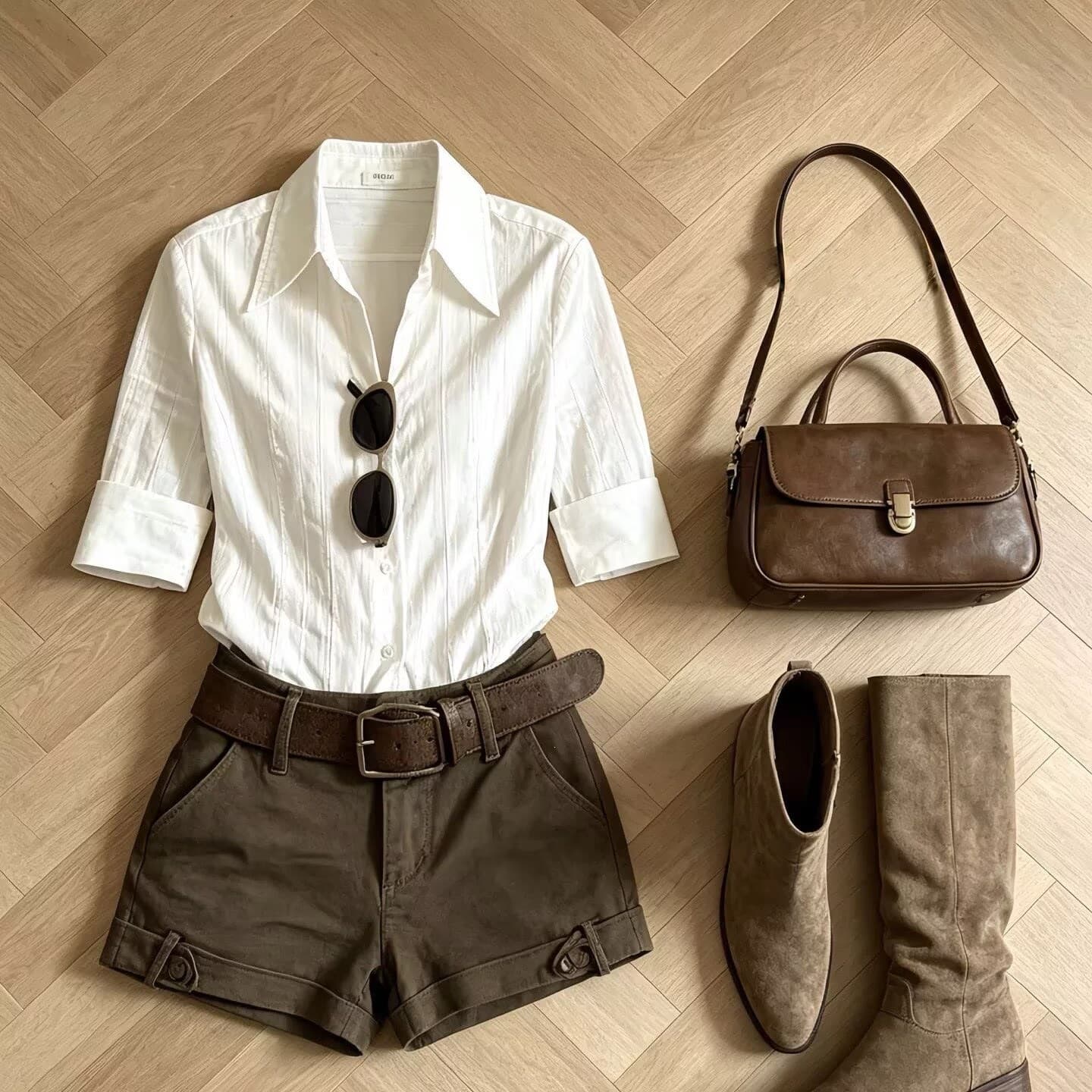 2026 super hot outfit, a complete set of Korean chic suits for women, white lapel shirt, wide-leg shorts, two-piece set