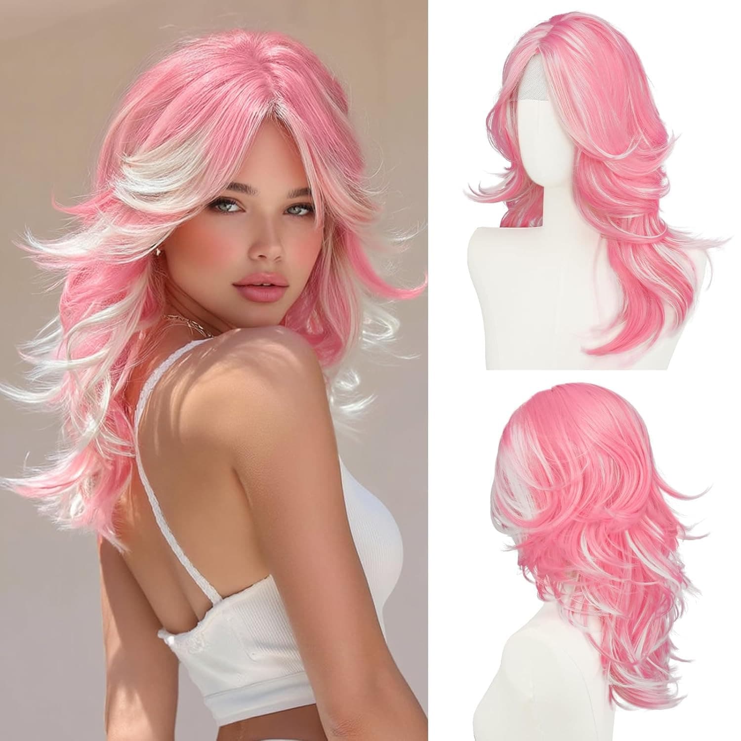Cosplay Gradient Pink Long Curly Wig European and American Synthetic Fiber Wig Cap New Lace Factory Wholesale Drop Shipping