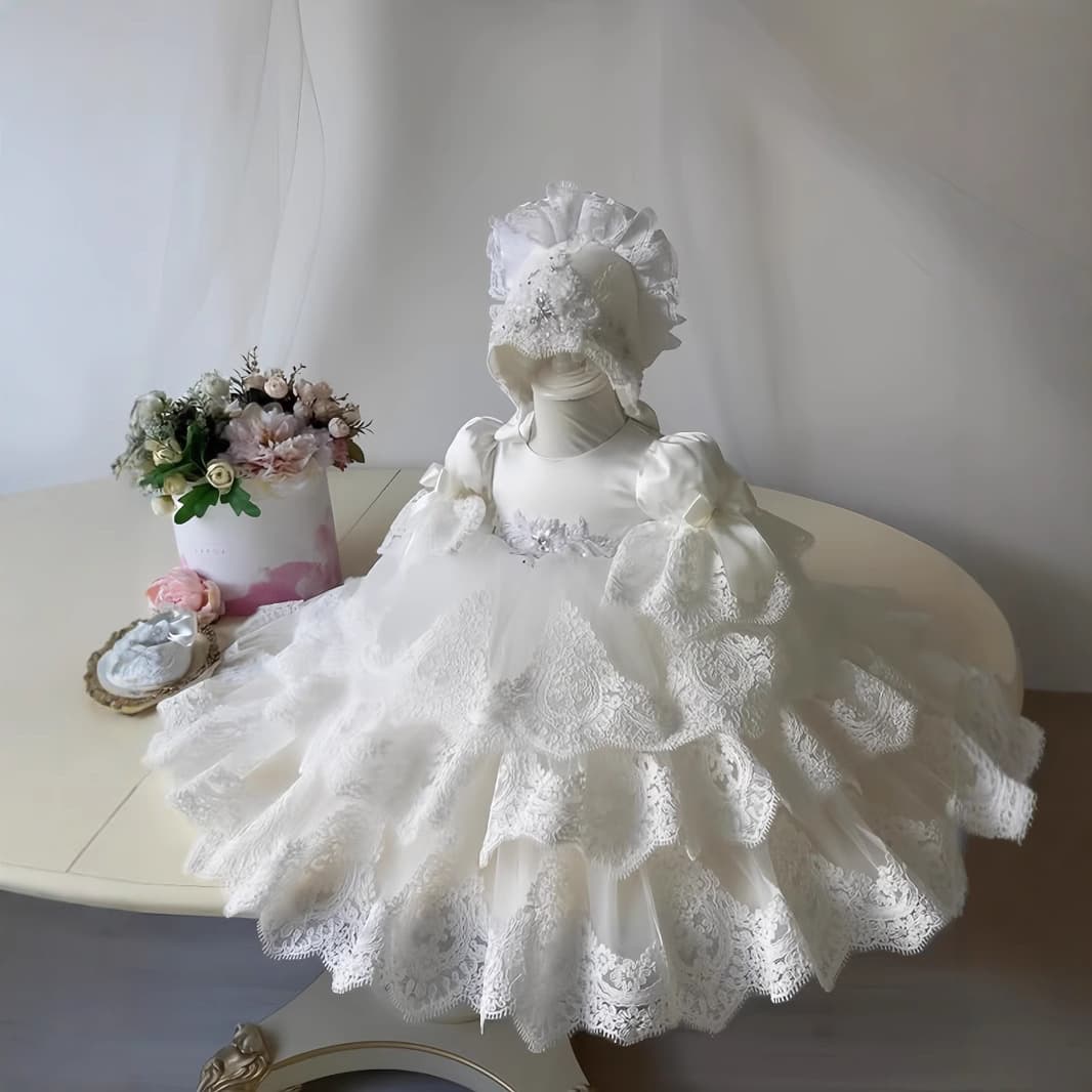 Full Moon Baby Newborn Baptism Cross-Border New Girl Dress Long-Sleeved Flower Girl Dress Fluffy Princess Dress Girl