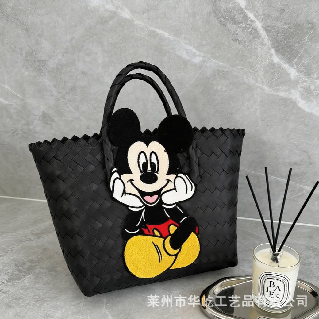 Xiaohongshu Same Style Cute Black Mickey Market Basket Woven Bag Women's Handbag Vacation Casual Versatile Bag