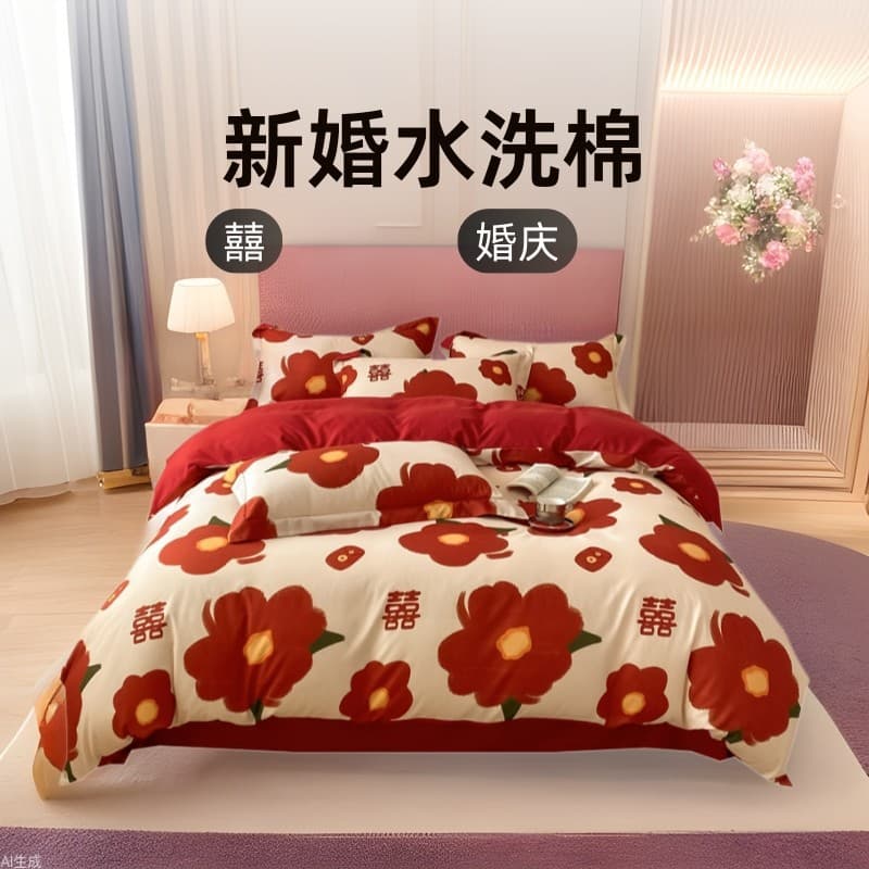 Washed cotton four-piece bedding set for weddings, wedding duvet cover, bright red wedding sheets and fitted sheets, suitable for all seasons.