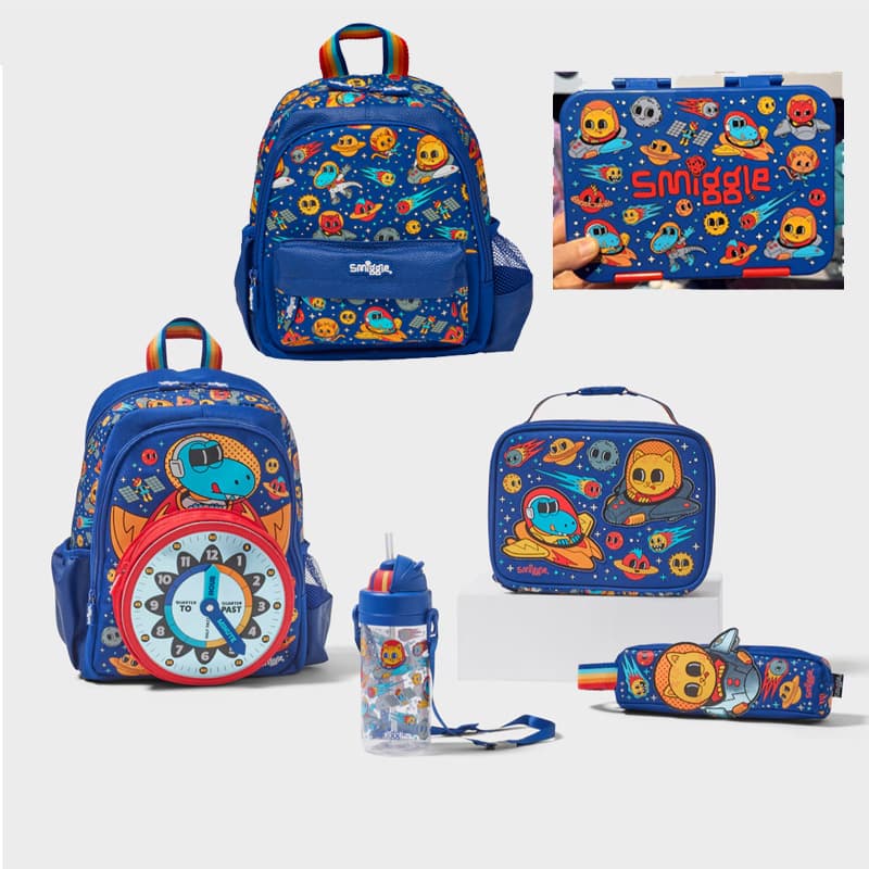 Australian Smiggle Backpack Clock Design Mini Small Backpack Square Handheld Lunch Bag Kids Water Bottle Pencil Case