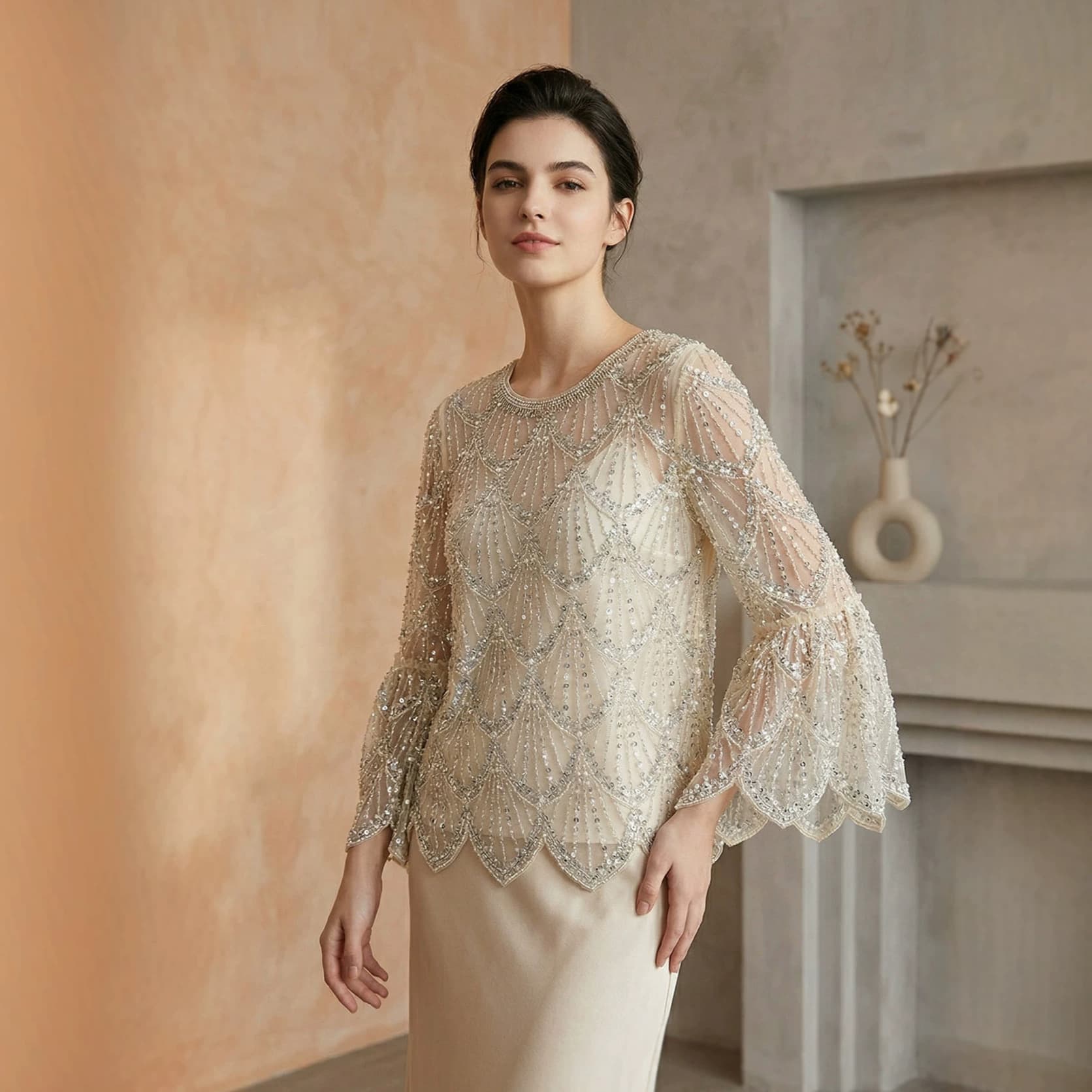 New elegant French long-sleeved top with niche temperament and heavy handmade sequins and beads, high-end long-sleeved women's round neck 9082