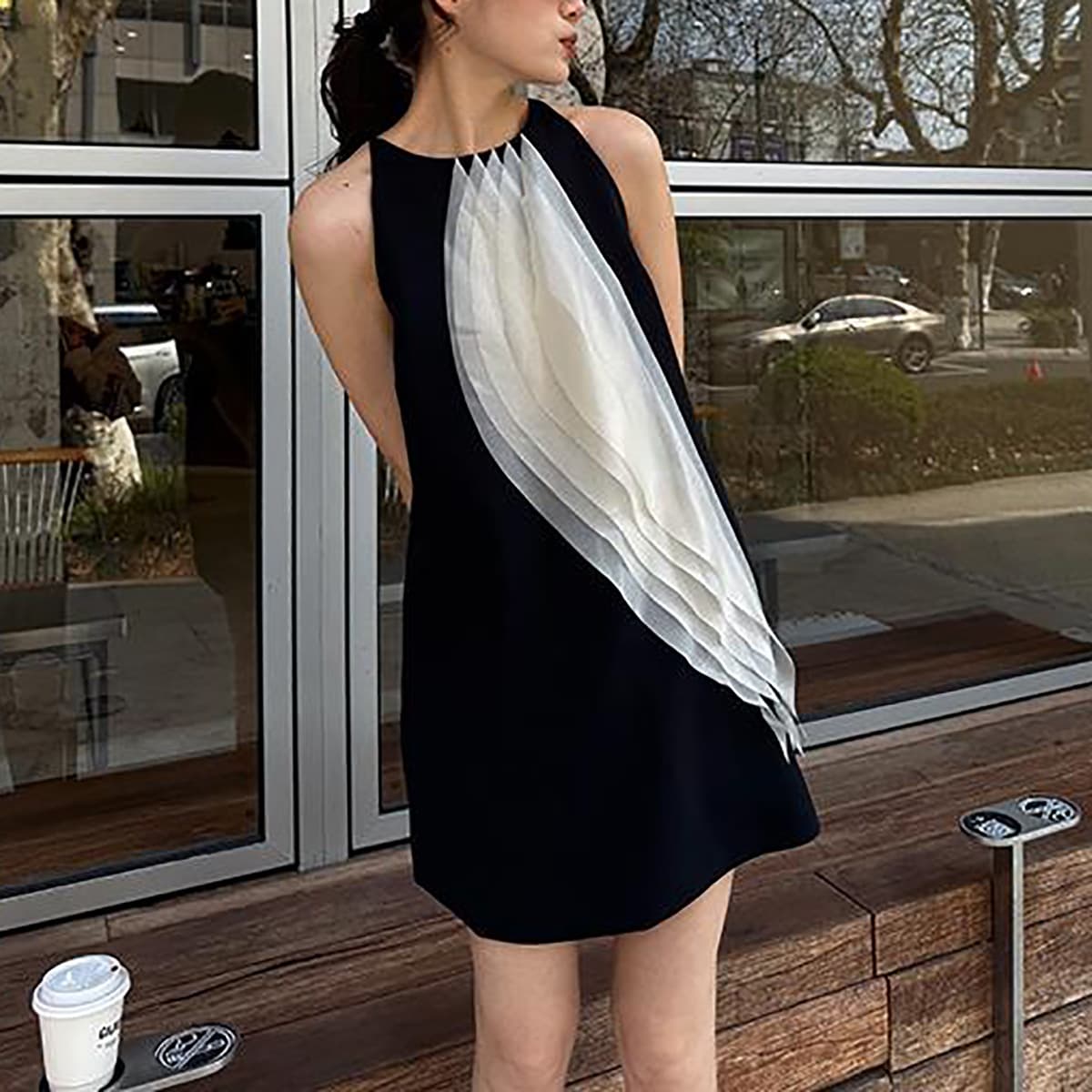 In Stock Black and White Patchwork Sheer Sleeveless Vest A-Line Dress Summer Hepburn Style Niche Design Little Black Dress