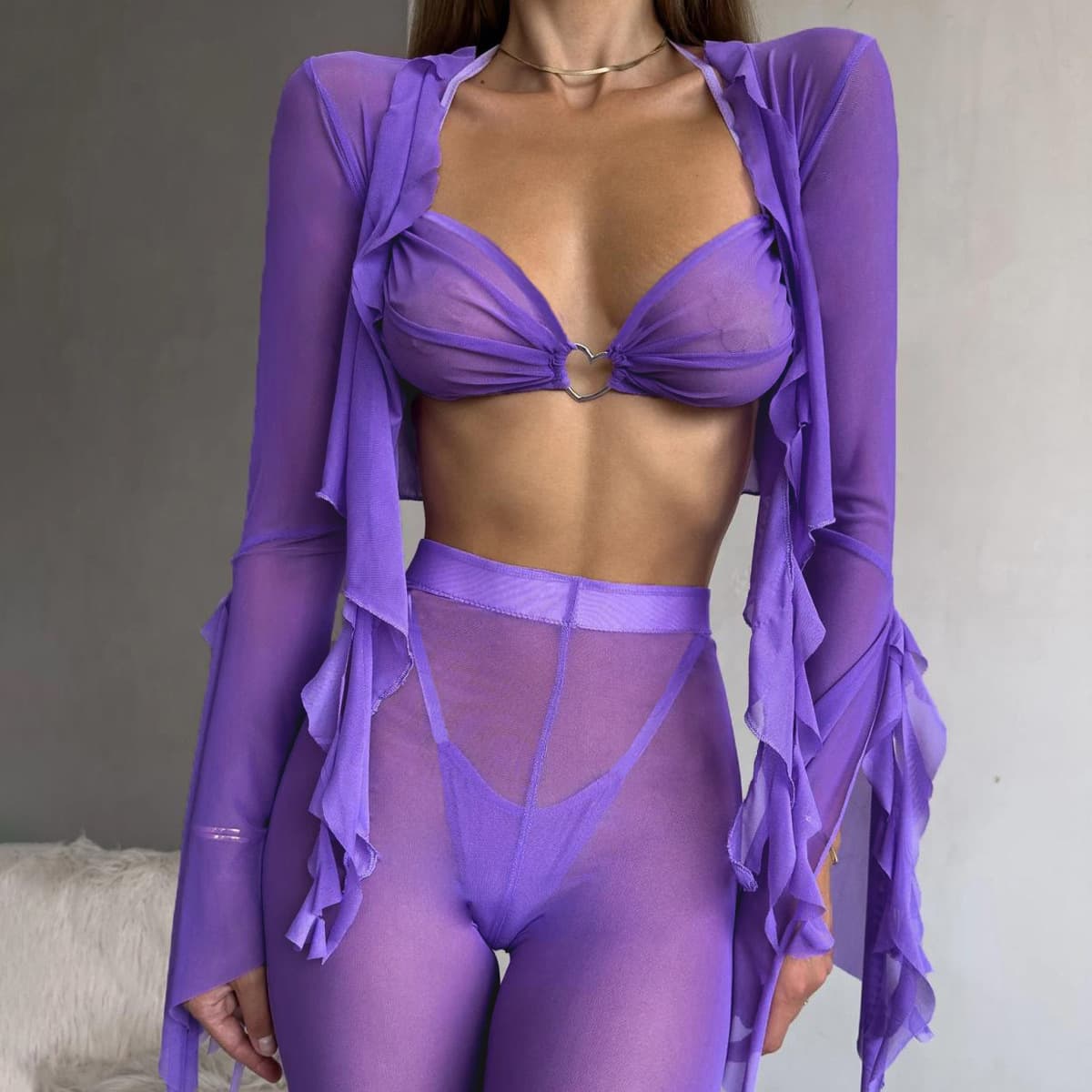 2025 European and American Sexy Sheer Mesh Casual Pants with Ruffled Trim Women's Lingerie 4-Piece Set