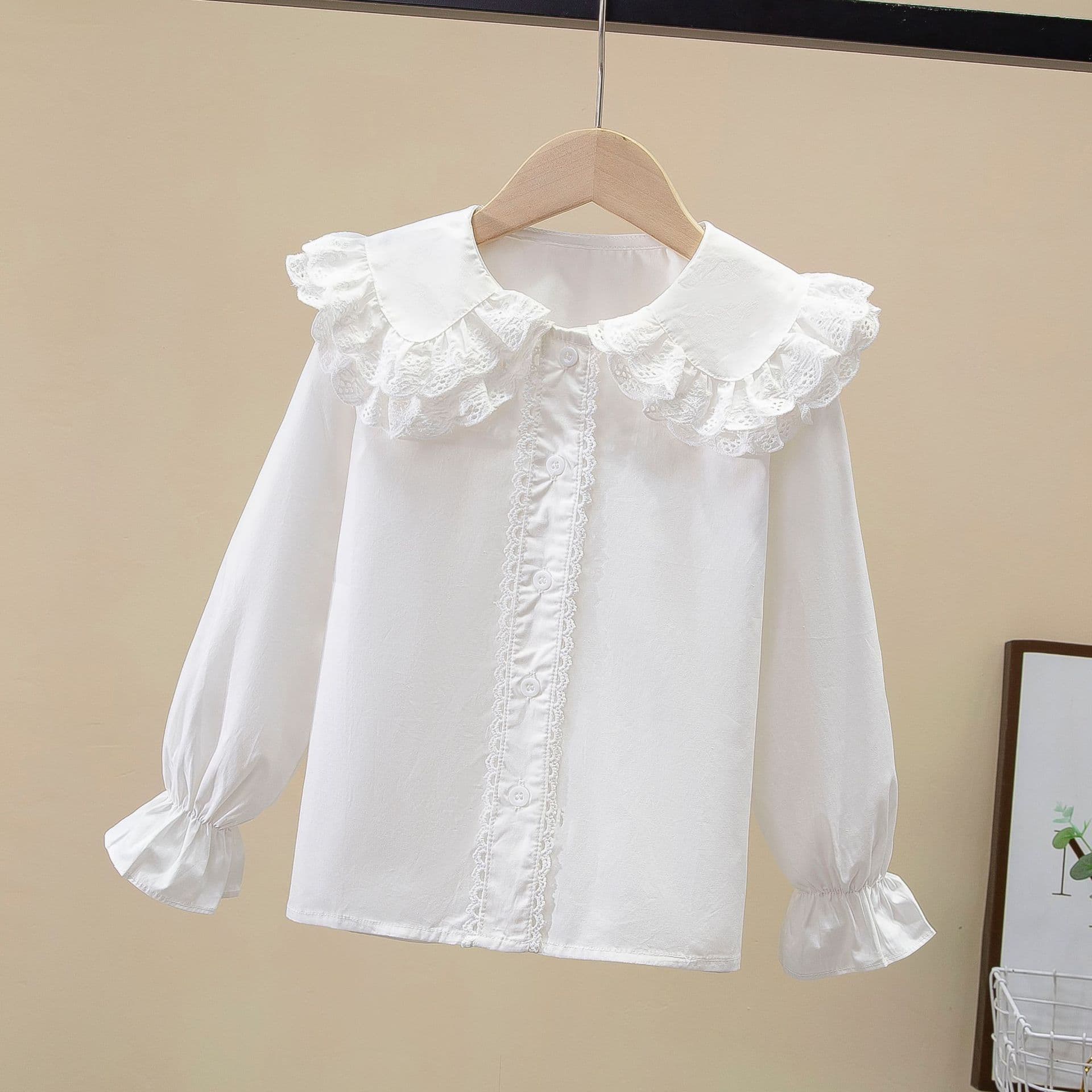 2024 Spring New Children's White Cotton Long Sleeve Shirt Versatile Flower Edge Doll Neck Shirt Trendy for Girls