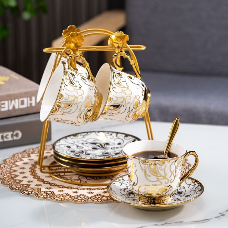 Ceramic Coffee Set European Style with Gold Rim Coffee Cup Luxury Afternoon Tea Cup Home Beauty Salon High-End Floral Design