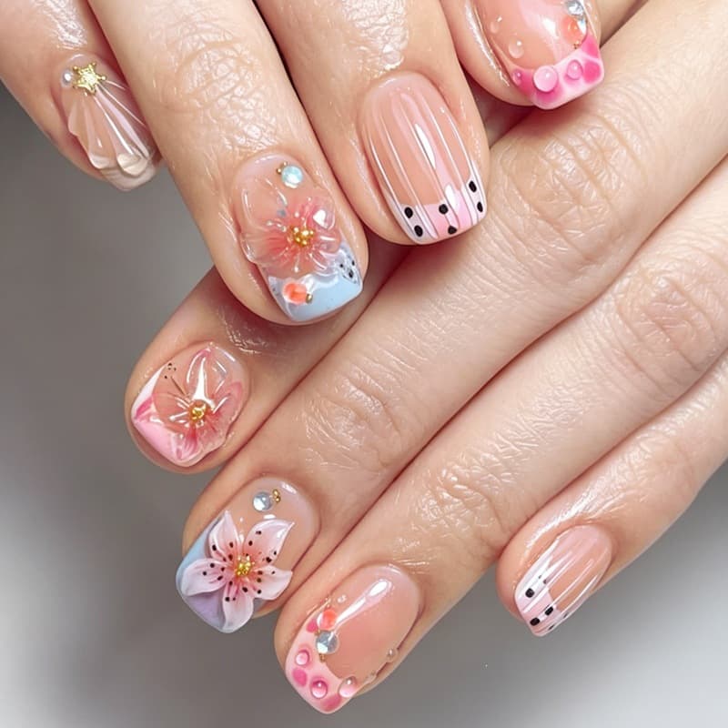 30 Pieces European and American New Style Wearable Nails, Ins Style Floral Short Almond, Cross-border Premium Short False Nails Finished Product