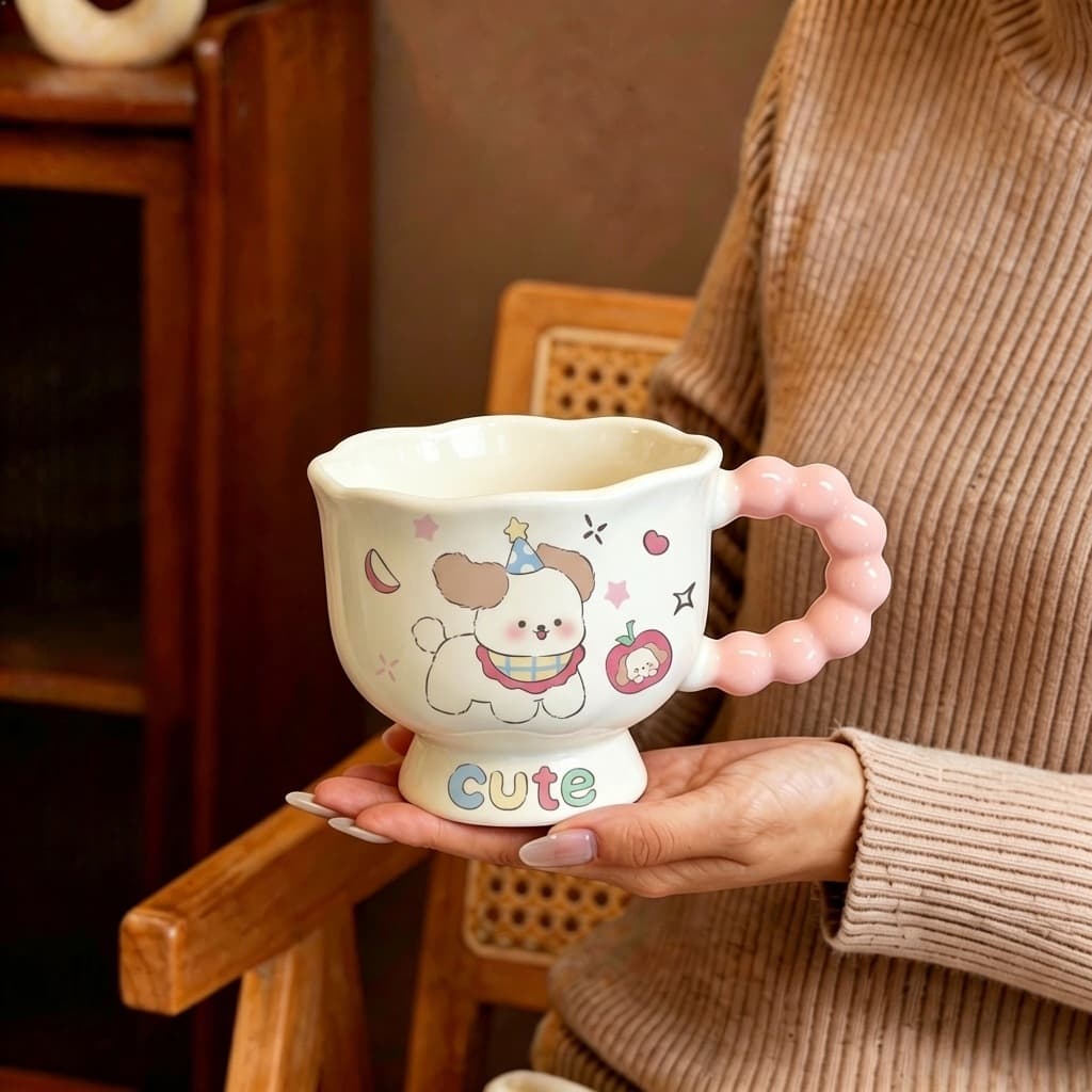 Ins-Style Cute Cartoon Puppy Ceramic Cup, Pink Wavy Mug, High-Foot Cup, Girl's Heart Student Water Cup