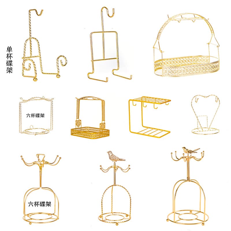 Bird-shaped cup holder, light luxury coffee cup set storage rack, electroplated iron basket, gold and black draining single cup and saucer holder.