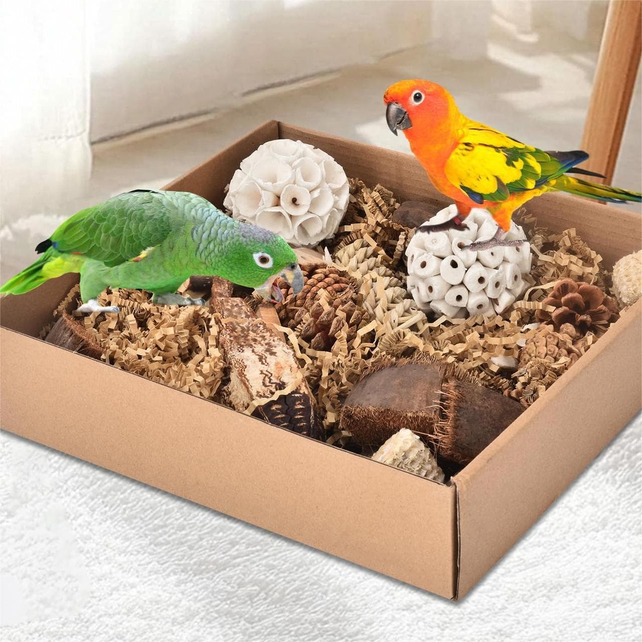 Natural rattan ball for birds to chew and play with, made from palm leaves for entertainment and chewing, bird supplies