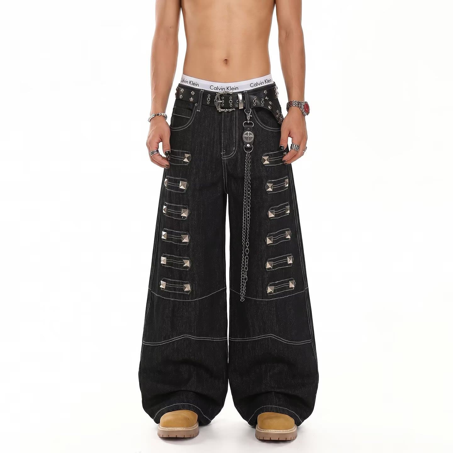Wide-leg jeans, men's trousers, heavy metal wicker decorative design, personalized niche hip-hop trendy floor-length trousers