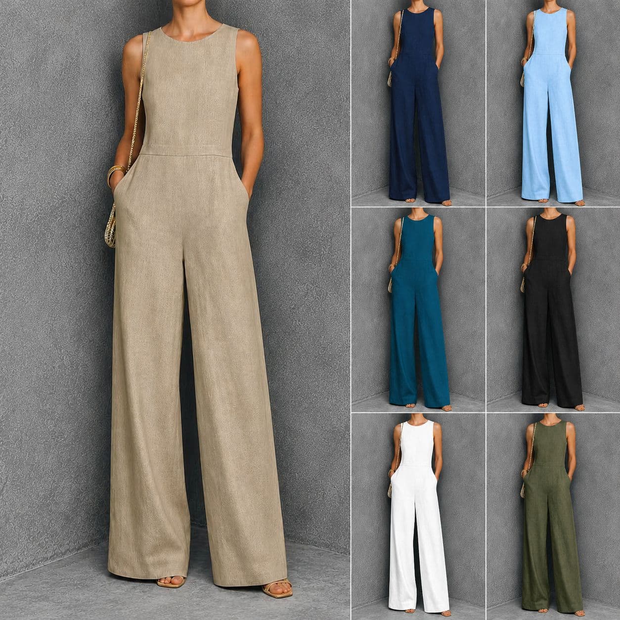 2026 Cross-Border European and American Women's Clothing Summer New Sleeveless Round Neck High-Waisted Loose Wide-Leg Pants Solid Color Casual Jumpsuit for Women