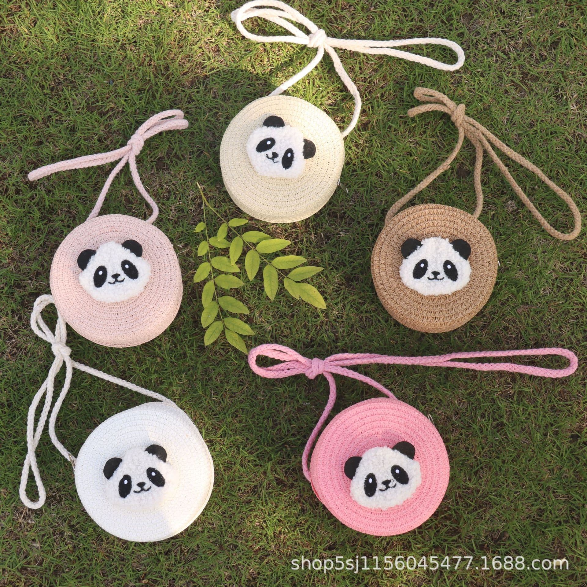 Children's Cute Panda Straw Bag Woven Beach Summer Outing Scenic Spot Wholesale Crossbody Straw Small Round Bag