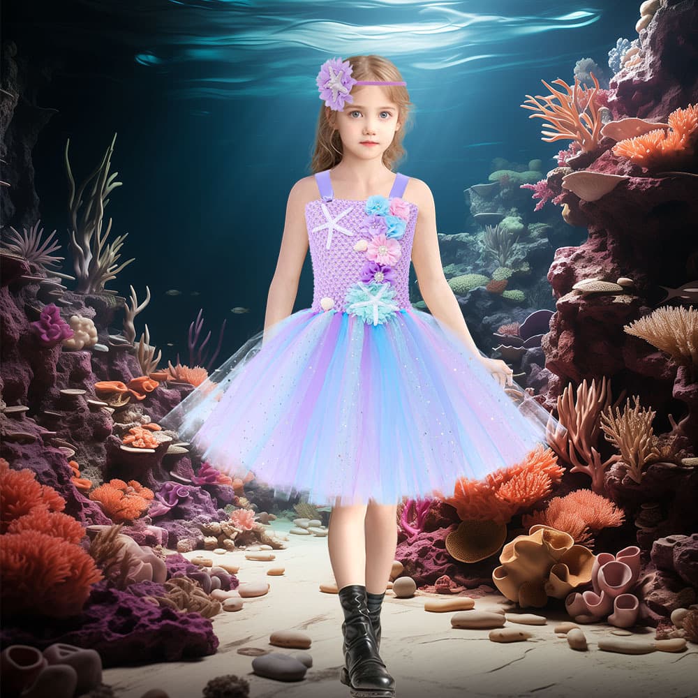 Children's Flower Starfish Mermaid Tutu Skirt Mesh Tulle Puffy Skirt Girl Mermaid Princess Dress Performance Costume