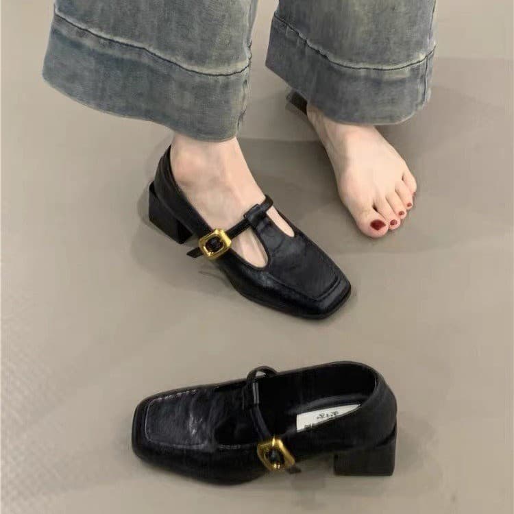 2025 French Vintage Square-Toe Chunky Heel Flats for Women, Spring/Autumn New Evening Breeze Korean Fairy High Heels, Mary Jane Small Pieces