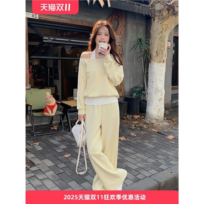 European Style Early Autumn Casual Sportswear Set for Women, Fashionable and Age-Defying Off-Shoulder Hoodie with Wide-Leg Pants Two-Piece Set