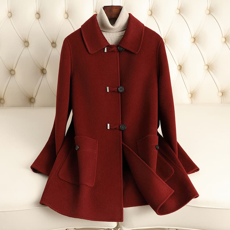 Double-Sided Fleece Woolen Coat Women's Short Chinese Style National Fashion Mommy's Outfit Medium-Thick Loose Fit Long Sleeve