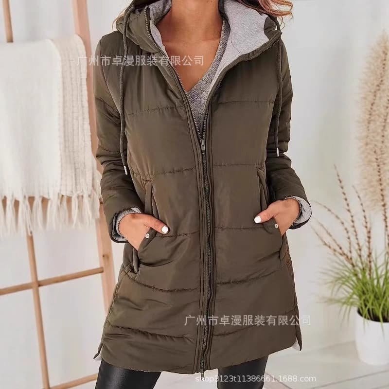 2024 Autumn and Winter Amazon Independent Station European and American Hooded Solid Color Cotton Long Sleeve Slim Pocket Long Jacket Top