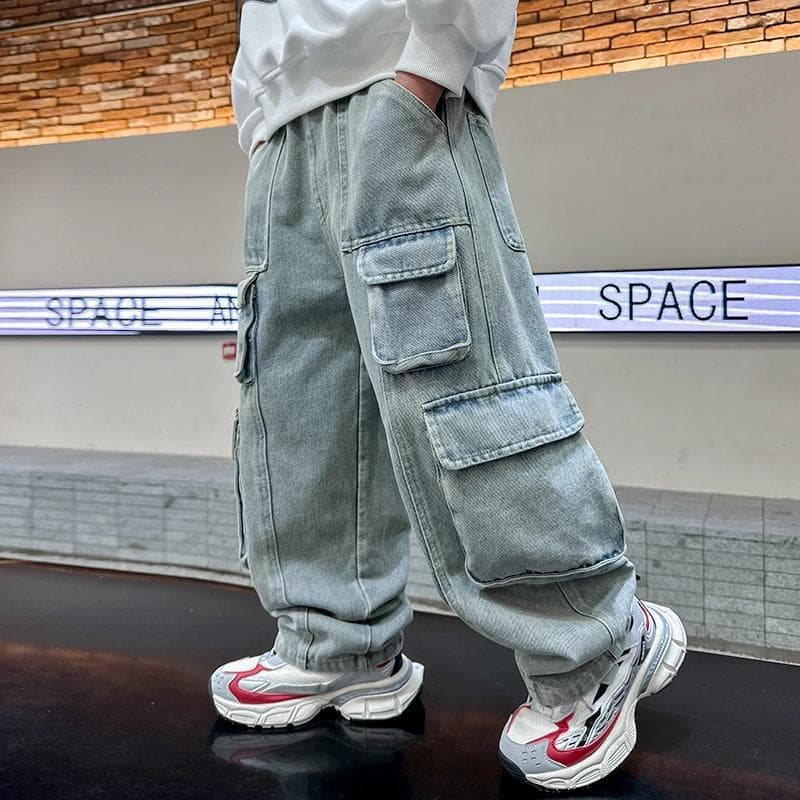 Boys Denim Cargo Pants Spring/Fall Street Style 2025 New Trendy for Older Kids