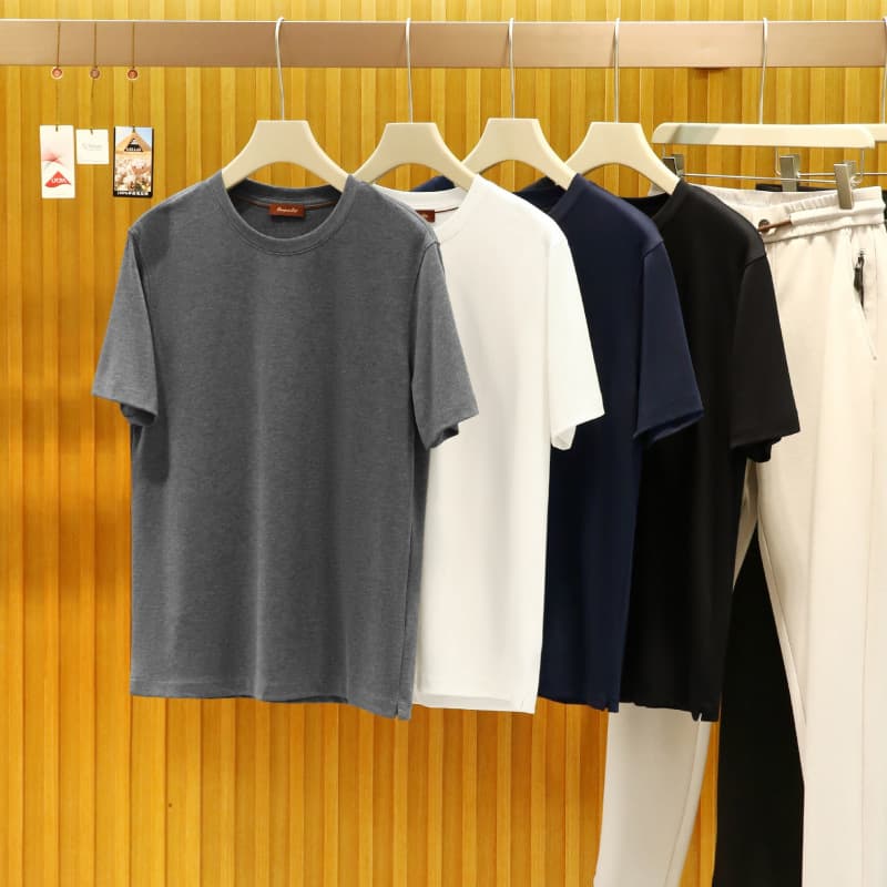 Pampa&Pop Summer Men's Old Money Style Lenzing Egyptian Cotton Simple Versatile Solid Color Short-Sleeve Crew Neck T-Shirt
