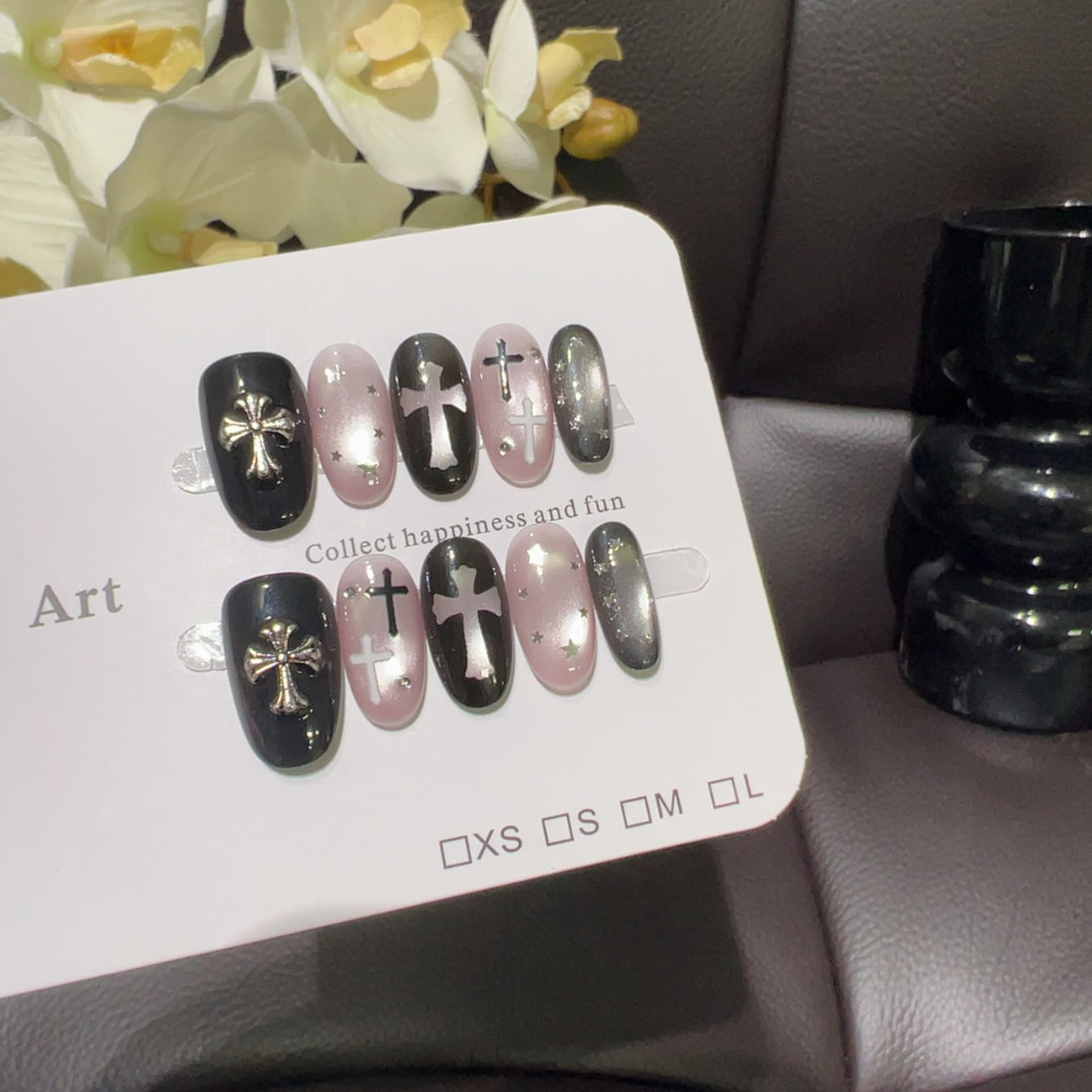 [Night Charm Cross] Pink and black contrast star cross wear nails, sweet and cool style cat eye star nail art whitening patch