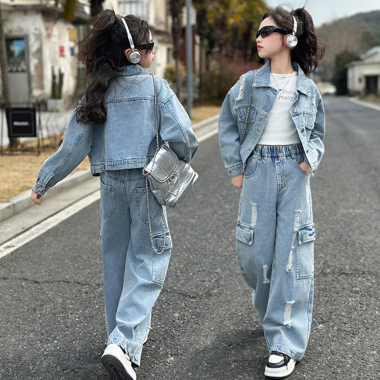 Girls' Denim Set for Spring and Autumn 2025 - Stylish and Trendy Two-Piece Set with Wide-Leg Pants