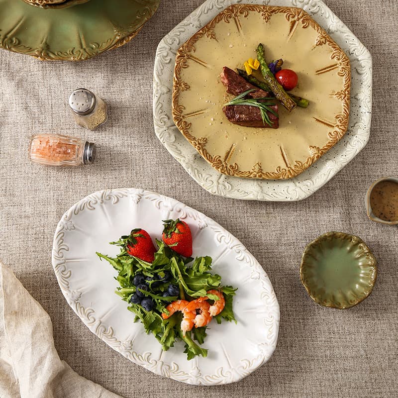 Embossed Vintage Ceramic Dinner Plate French Premium Dinnerware Set Dessert Plate Snack Plate Western Steak Plate