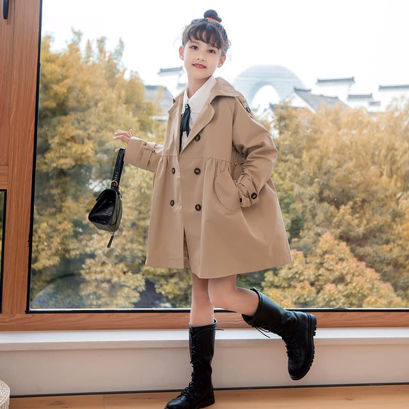 Girls Long Jacket Coat Spring Autumn Children's Clothing British Style Plain Color Parent-Child Matching Medium to Large Kids' Outfits