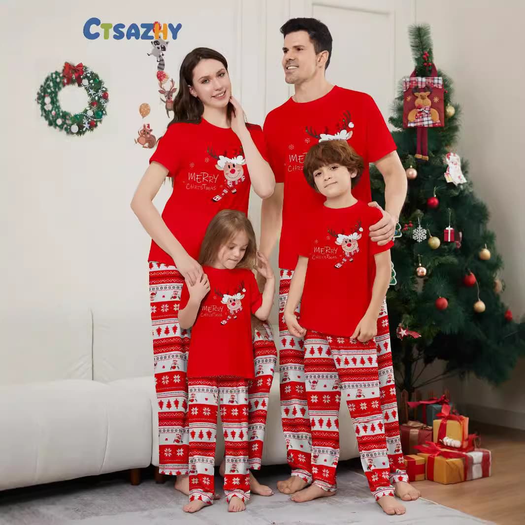 New Cross-Border Deer Print Short-Sleeve Pajama Set with Pants for Baby Boys, Girls, Women, and Men - Red Christmas Family Matching Pajamas