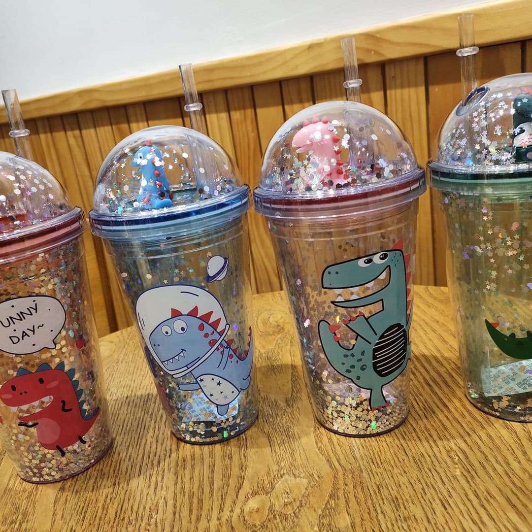 Factory Direct Double-Layer Plastic Dinosaur Crushed Ice Cup Outdoor Portable Cartoon Straw Cup Fashionable Glitter Tumbler