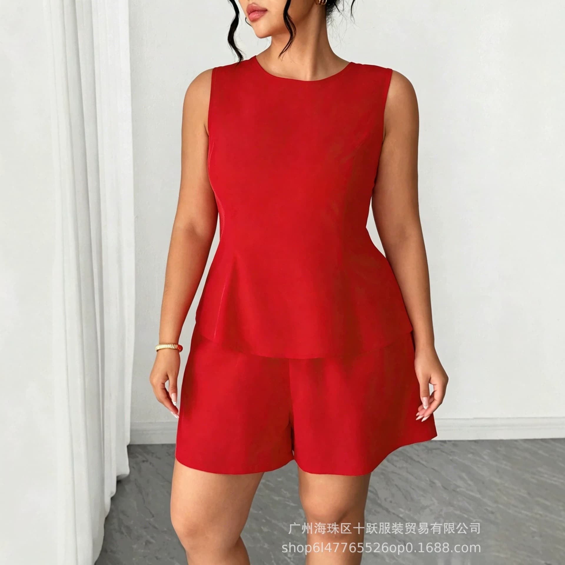 European and American Cross-Border Hot Girl Must-Have Plus Size Red Sleeveless Waist-Cinching Set with Backless Lace-Up Design Shorts Two-Piece Set