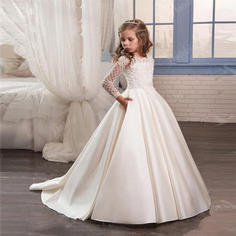 Elegant European and American Style Children's Dress Lace Satin Long Sleeve Tailed Princess Skirt for Girls Performance Show