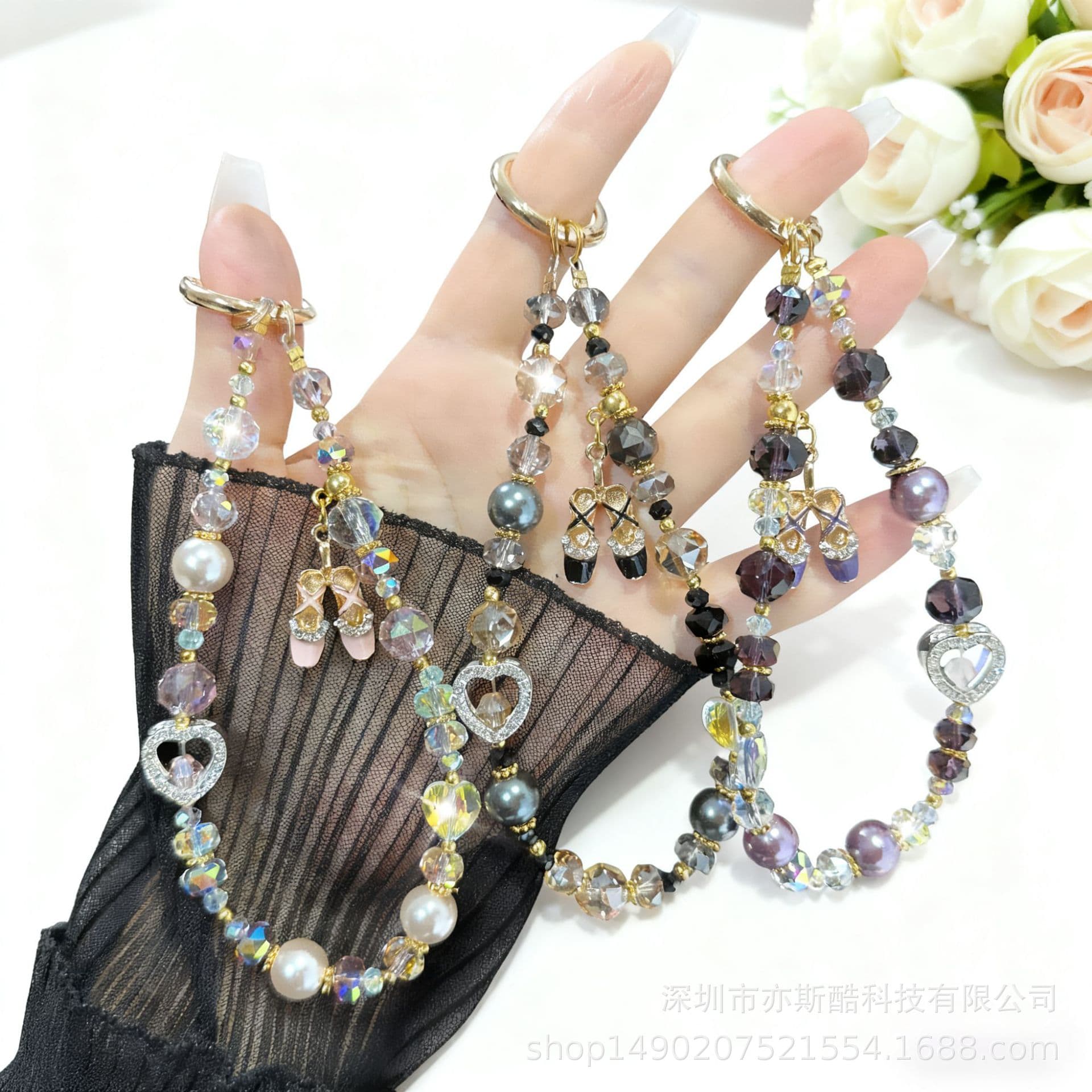 Simple and Elegant Dance Shoe Heart Crystal Beaded Phone Strap, Fashion Pearl Short Phone Case Lanyard Charm