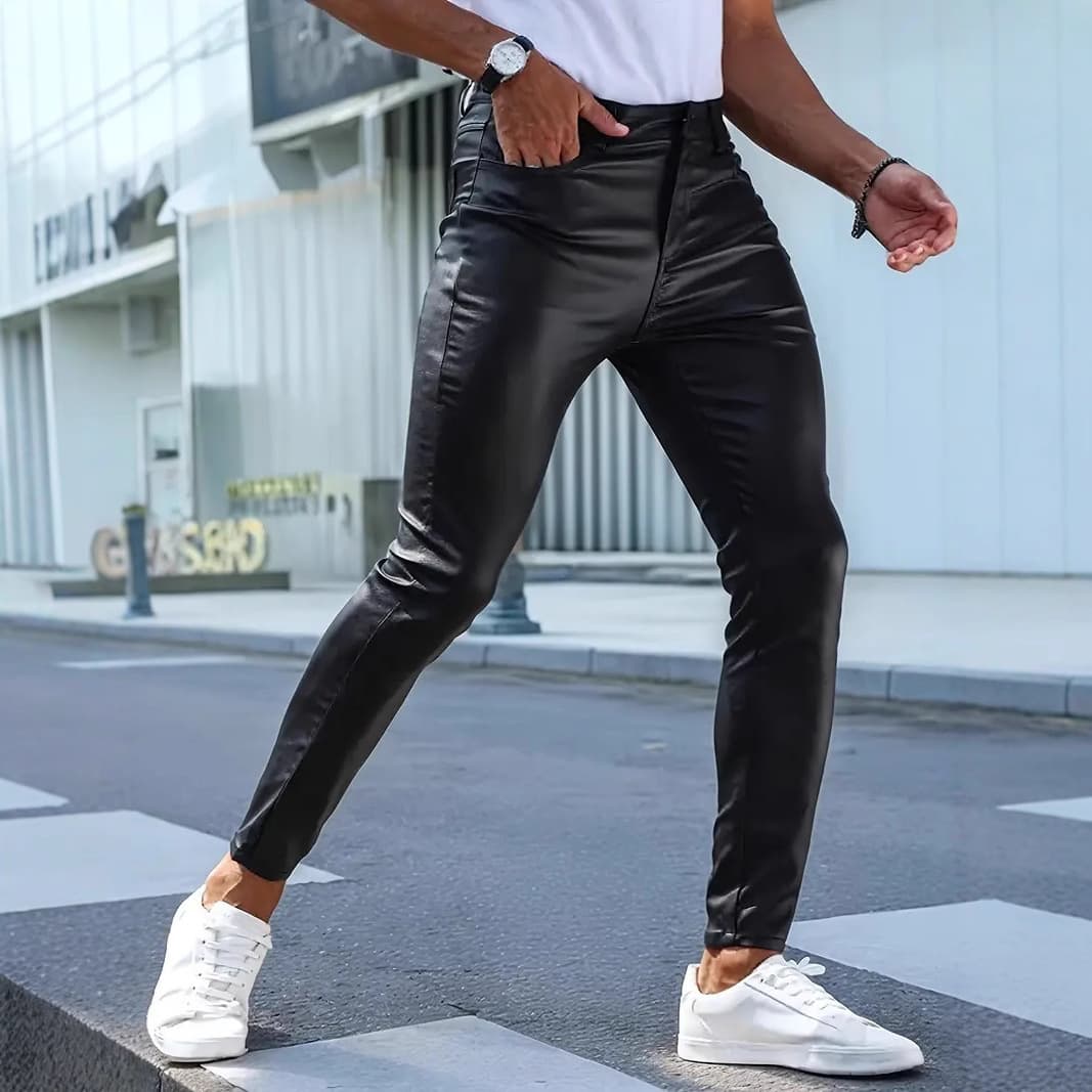 Foreign Trade Cross-Border Supply Men's Leather Trousers Slim Fit Casual Motorcycle PU Leather Pants Outdoor Tight Tapered Pants
