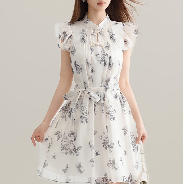 New Chinese style women's national style small flying sleeve floral dress summer high-end temperament baby doll skirt petite short skirt