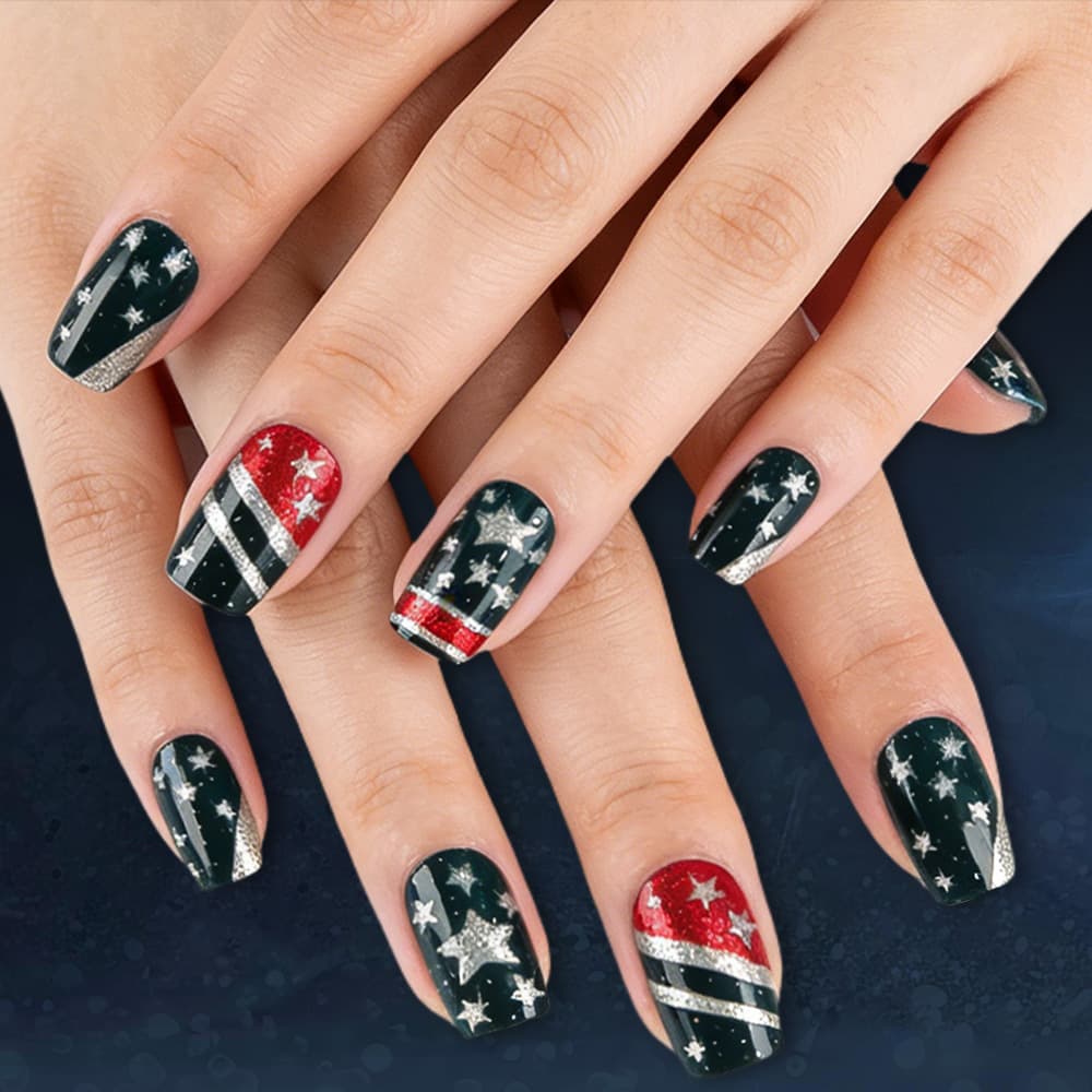 Independence Day Pentagram Square Nails 24 Pieces Striped Glitter Pink and Blue Color Glossy Wearable Manicure