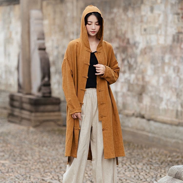 Cotton and Linen Women's Clothing with Buckles, Hooded Robe, Sand-Washed and Distressed Meditation Clothing, New Chinoiserie Women's Tops, Antique Retro Long Windbreaker
