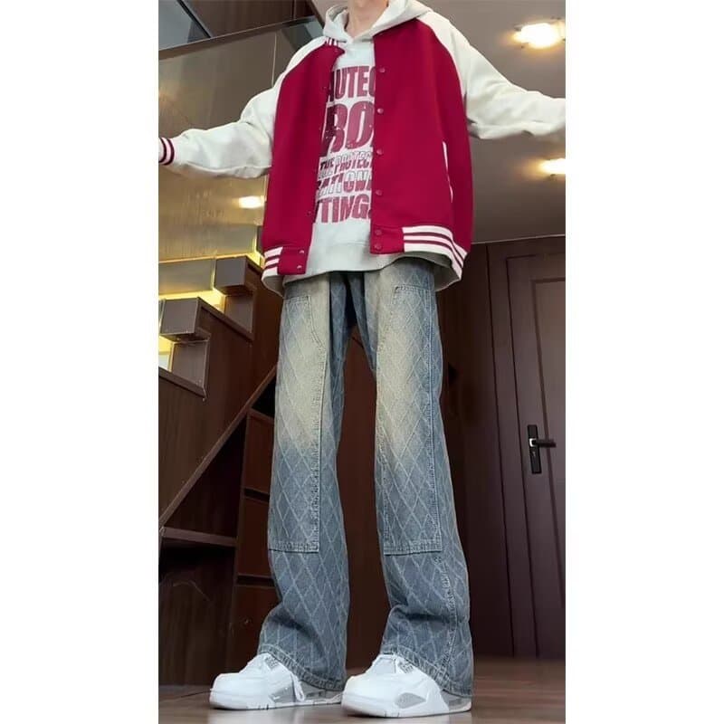 American Retro All-Over Jacquard Jeans Men's Spring High Street Vibe Plaid Pants Streetwear Straight Slightly Flared Trousers