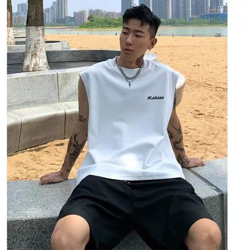 American minimalist letter print heavy cotton sleeveless vest men's summer versatile tank top sports trendy shirt