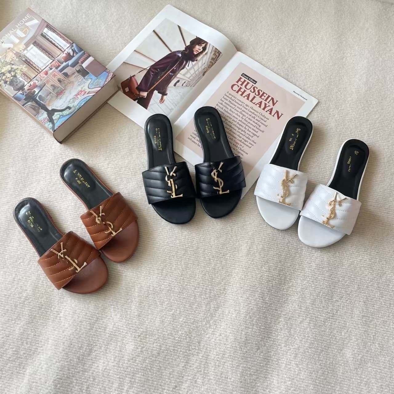 Shengjia 2026 High Quality New European and American Fashion Classic Genuine Leather Gold Buckle One-Strap Flat Sandals Slippers